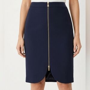 Ann Taylor Navy Blue Pencil Skirt with Front Gold Zipper Detail - Size 14